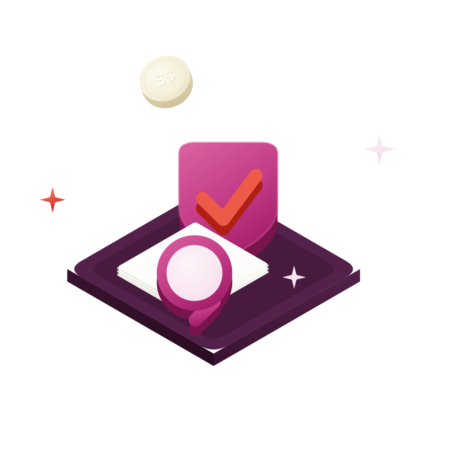 Isometric 3D illustration: a shield with a red check, a magnifier over a document and an “S$” coin