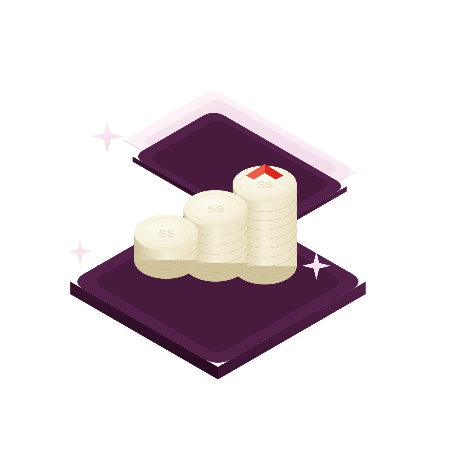 Isometric 3D illustration: rising “S$” coin stacks pressing up against a flat plum cap lid — the wage ceiling