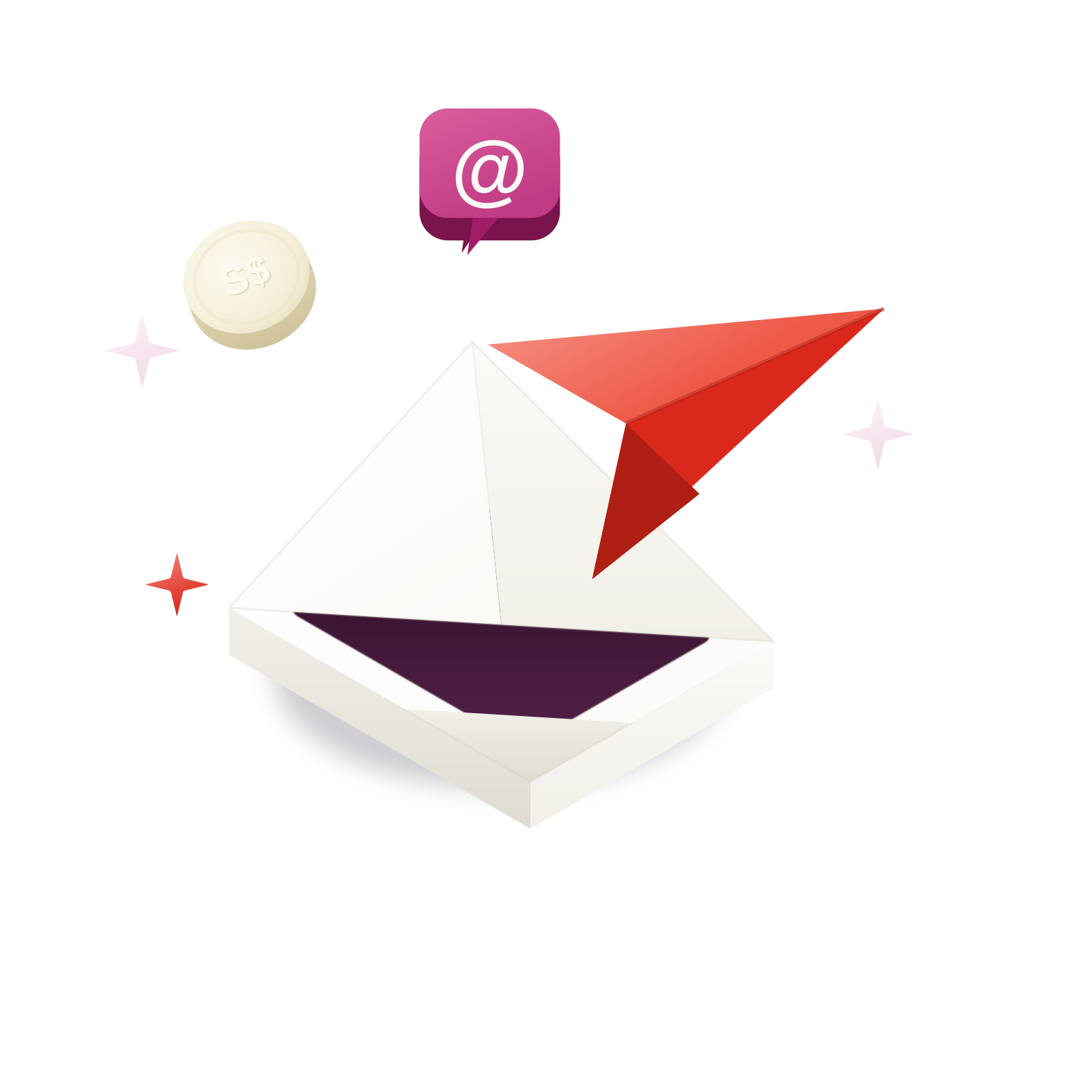 Isometric 3D illustration: an open envelope with a red paper plane and a speech-bubble chip