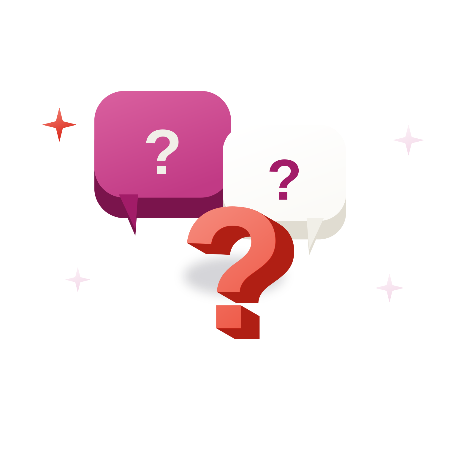 Isometric 3D illustration: three overlapping speech bubbles with a red question mark