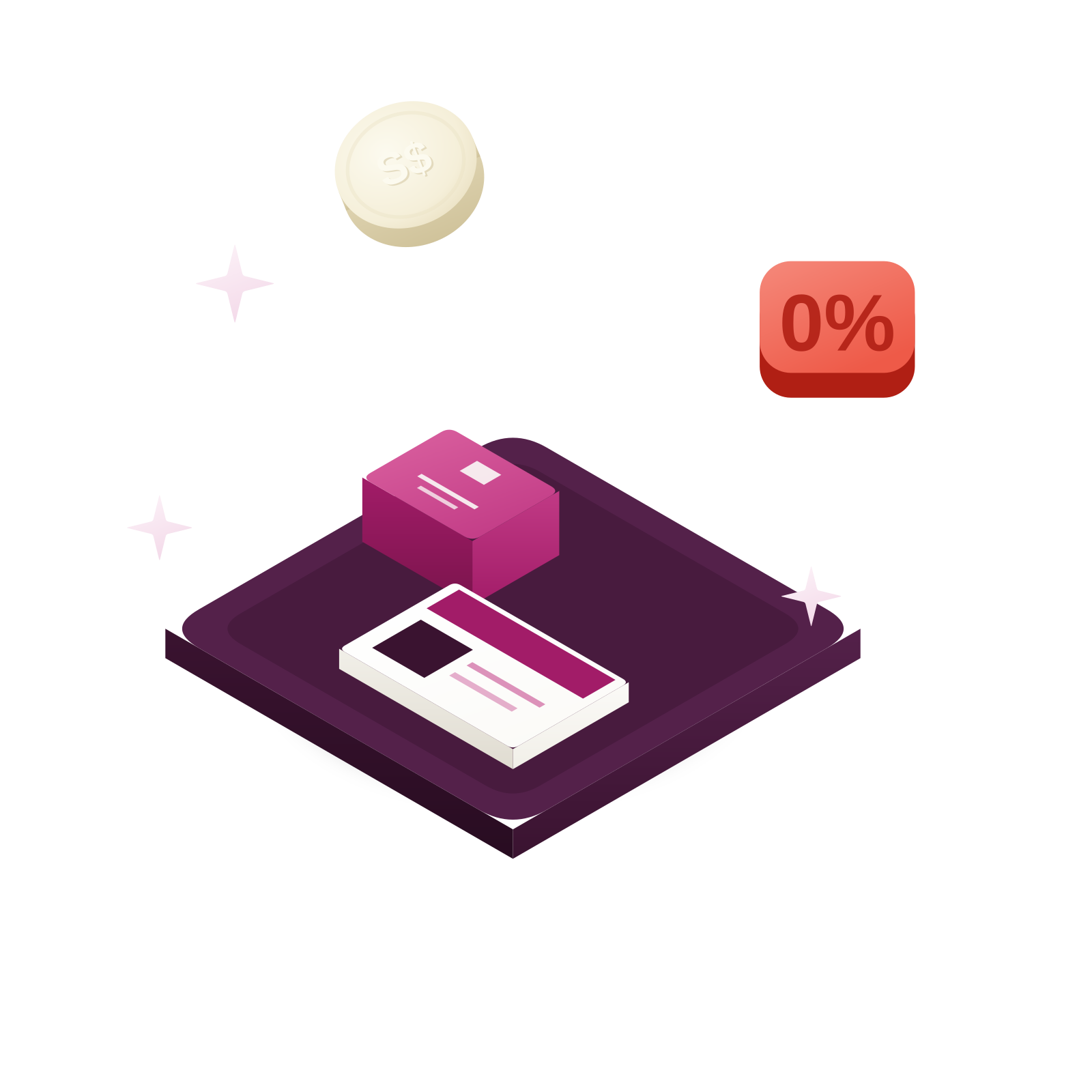 Isometric 3D illustration: a passport, a lanyard pass card and a “0%” badge — pass holders pay no CPF