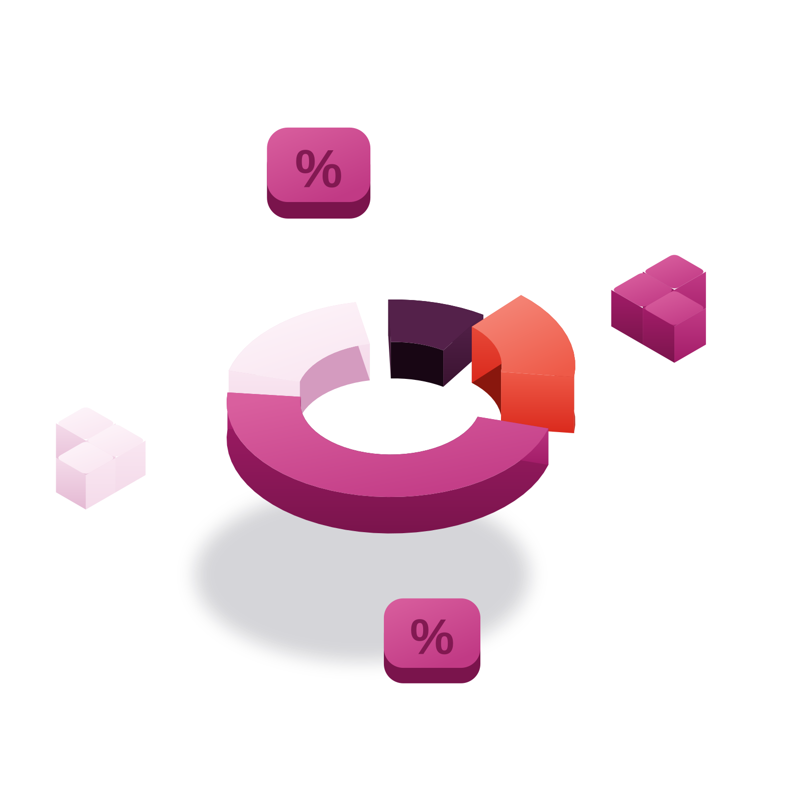 Isometric 3D illustration: an exploded ring chart with separated CPF segments and percent badges