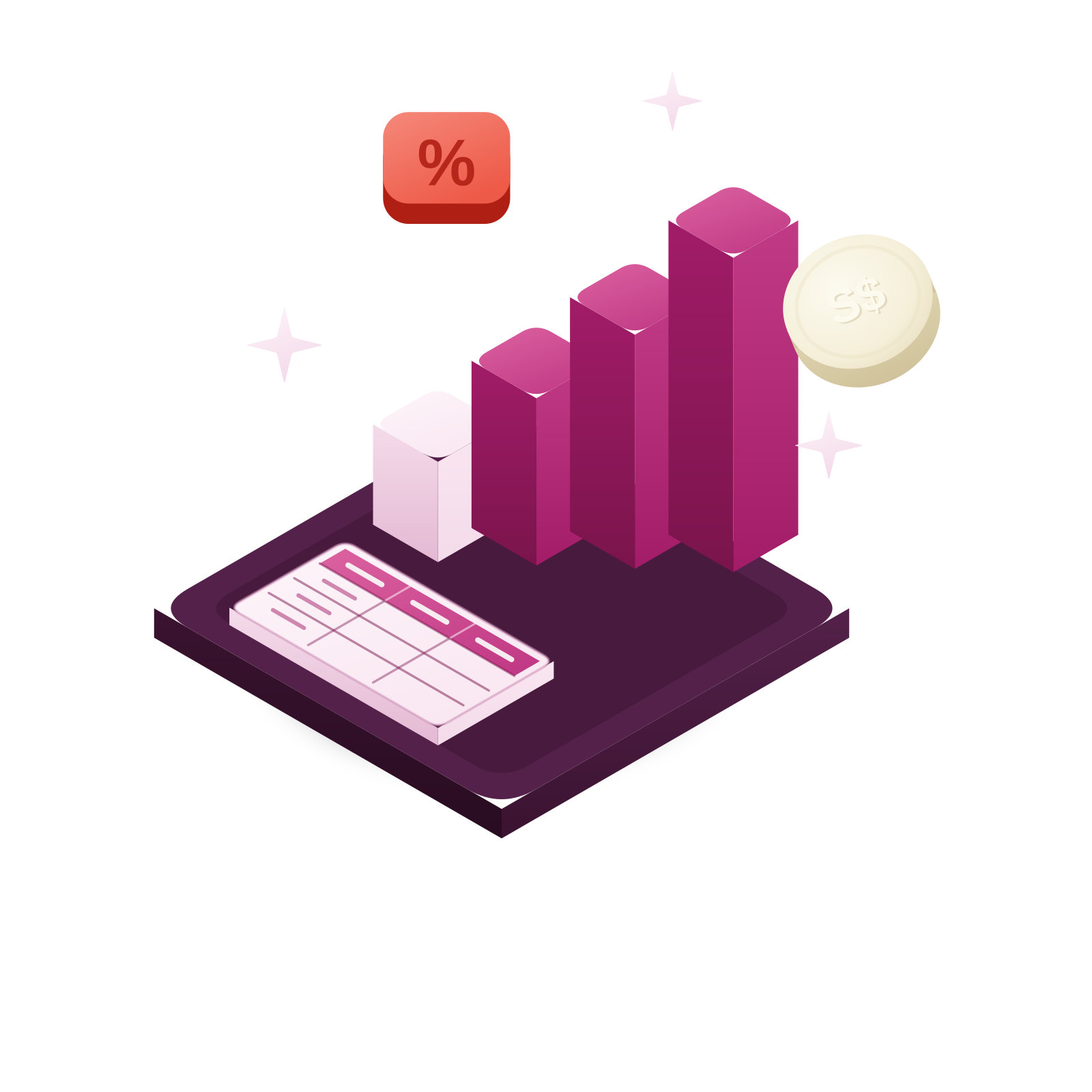 Isometric 3D illustration: stepped ascending bars and a gridded table tile — the progressive tax brackets